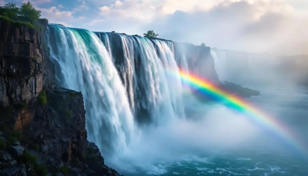 Niagara Falls with Canadian flag colors reflected in mist, rainbow arcing through spray, dramatic cliff perspective
