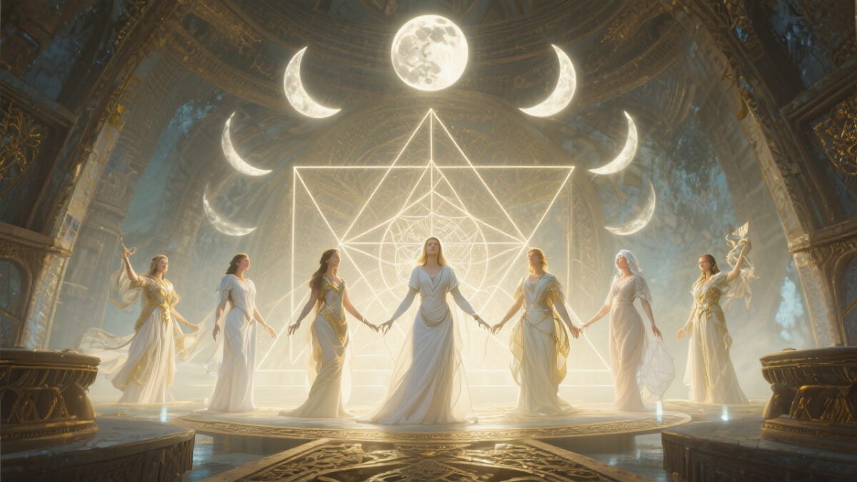 Thirteen mystical feminine archetypes embodying moon phases in ethereal Atlantean chamber with sacred geometry