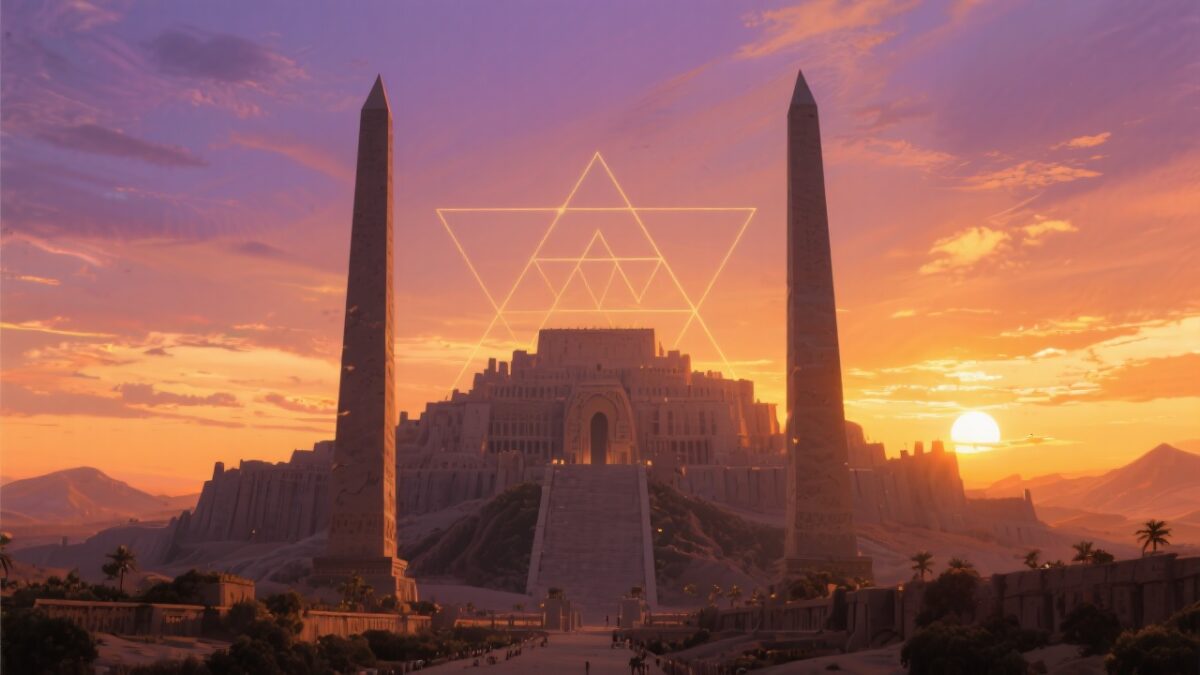Atlantean citadel sunset golden orange purple sky ancient Egyptian precursor obelisks graceful civilization waning era sacred geometry