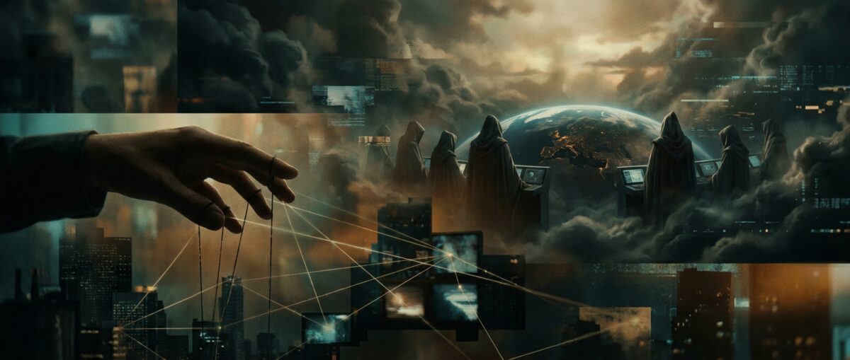 'Connecting the dots, the hidden hand, planetary controllers puppeteer a digital blackout' in the style of movie poster collage art (visualizing the various facets of the digital blackout); no symbols, no masonic/egyptian eye, no text